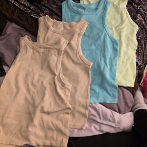4 Women's Ribbed Tank Tops - Pastel Beige, Blue & Mint